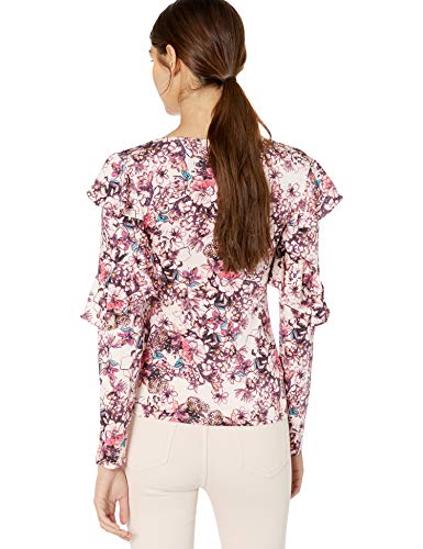 GUESS Women's Long Sleeve Bianka Ruffle Top, Hyper Bloom Print Rose dust M