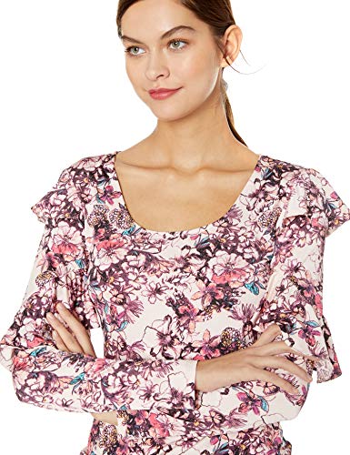 GUESS Women's Long Sleeve Bianka Ruffle Top, Hyper Bloom Print Rose dust M