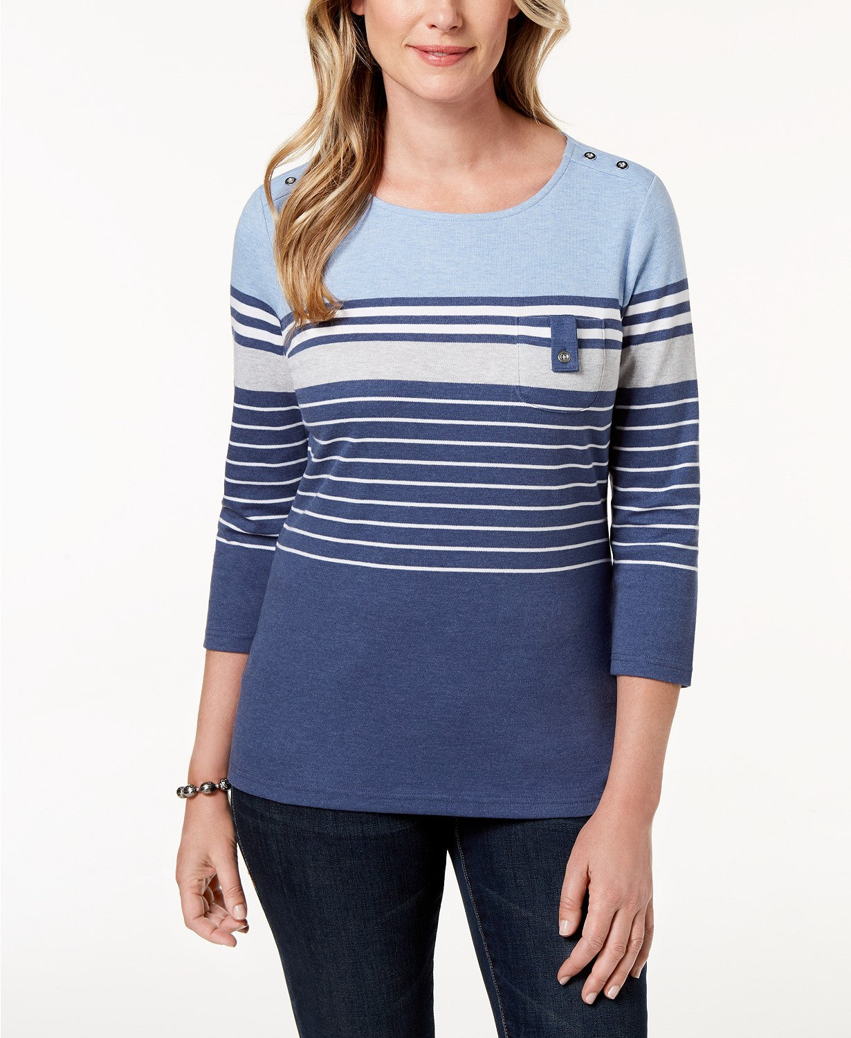 KAREN SCOTT 3/4 Sleeve Taylor Stripe Tee Blue PM