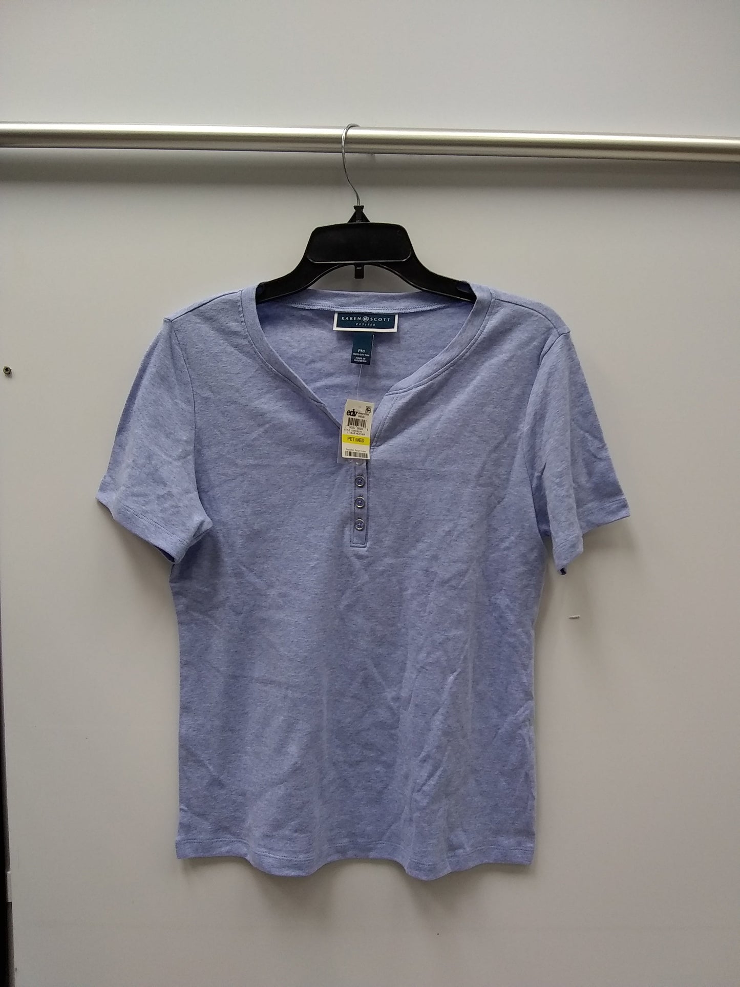 Karen Scott Petite Cotton Henley Top Lt Blue Heather PM