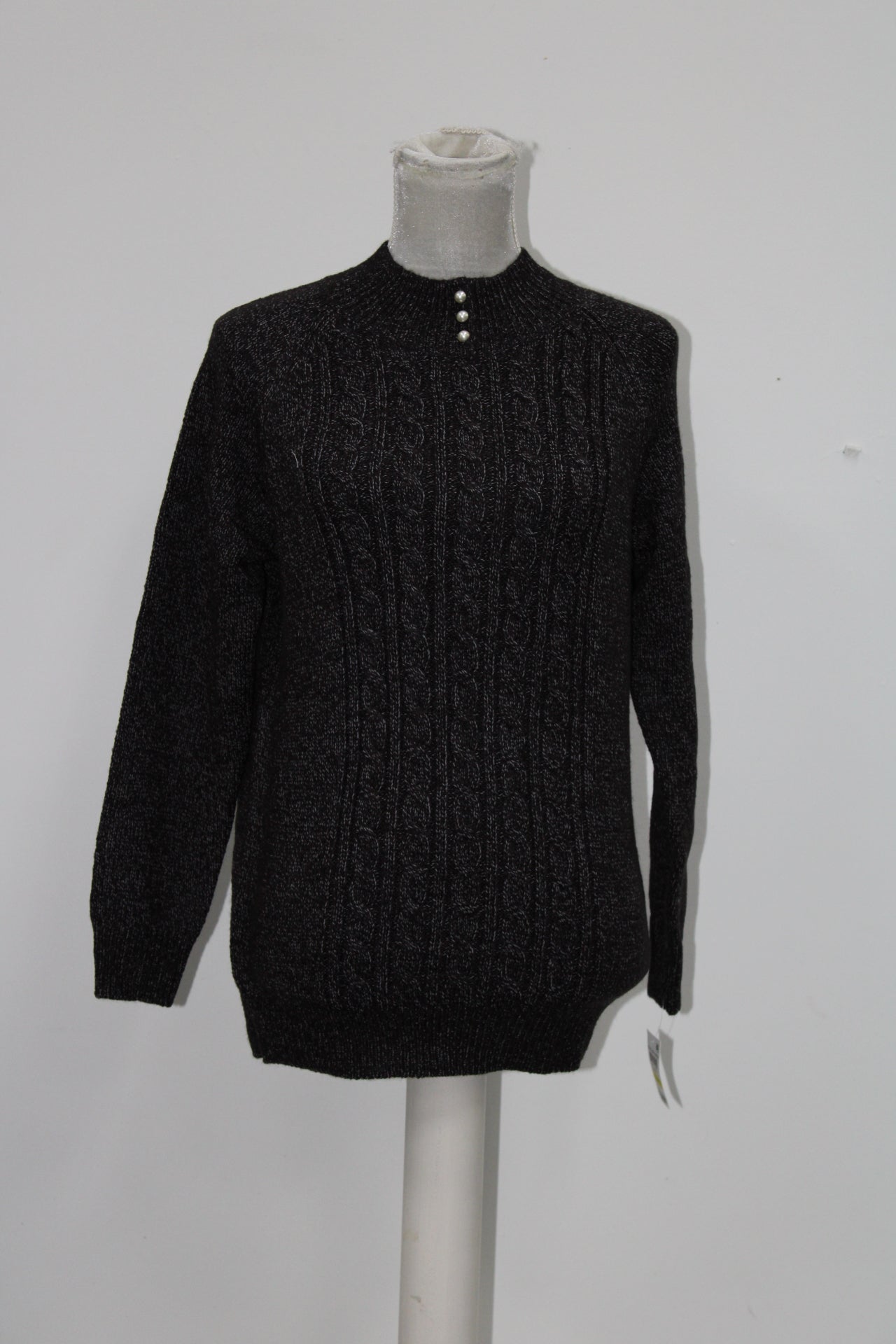 JM Collection Petite Open-Front Button-Sleeve Cardigan. Large. Deep Black