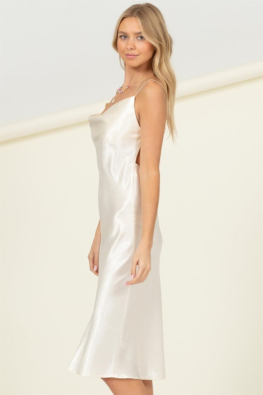 MEET YOU THERE COWL NECK MIDI DRESS