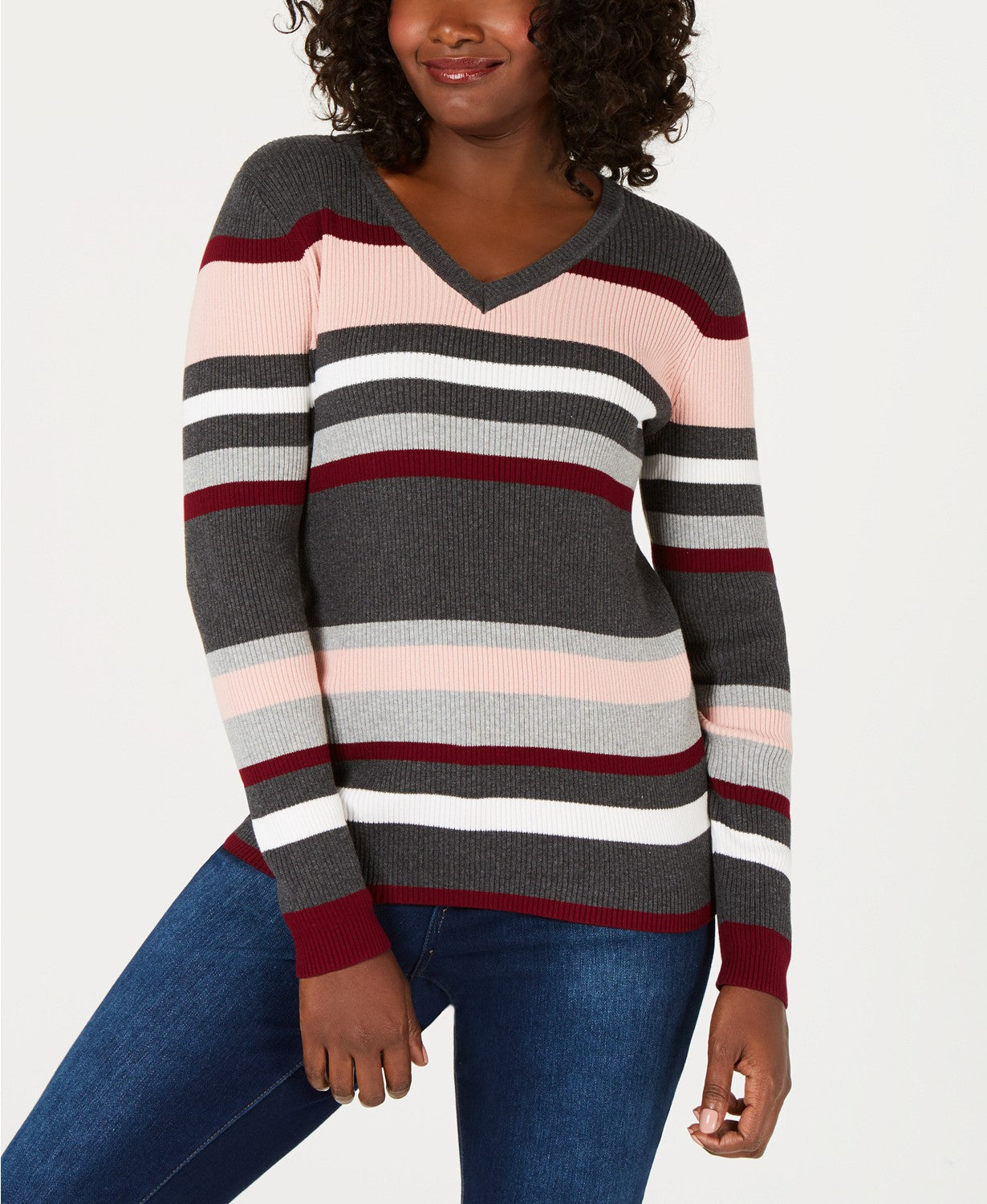 KAREN SCOTT Crystal Stripe V-Neck Sweater Charcoal PM