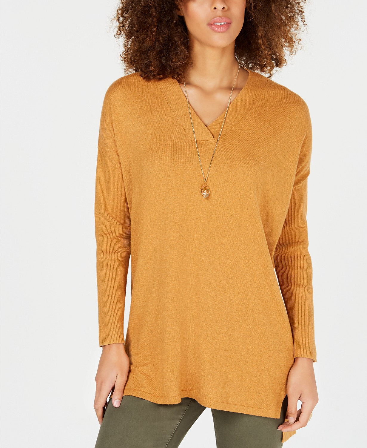 STYLE & CO Sweater High/Low V-Neck Tunic Gold PS