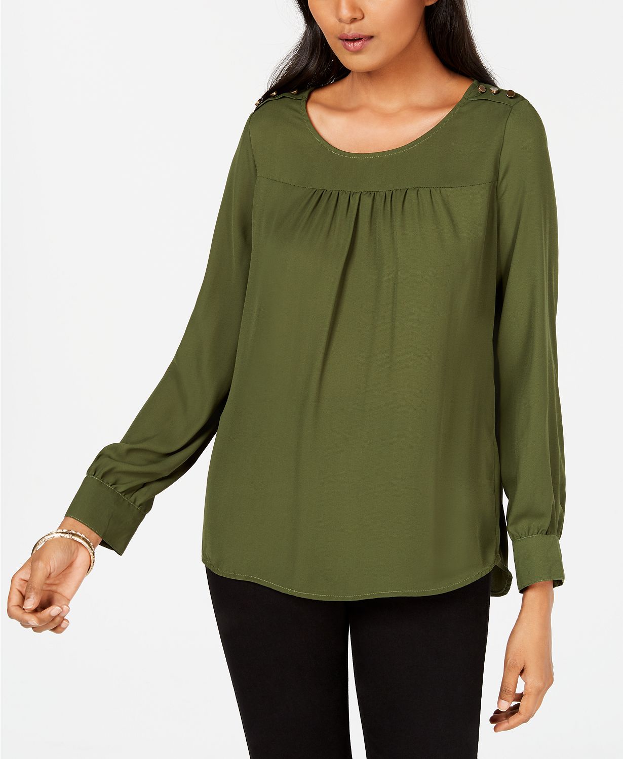 NY Collection Petite Button-Trim Top Riffle Green PL
