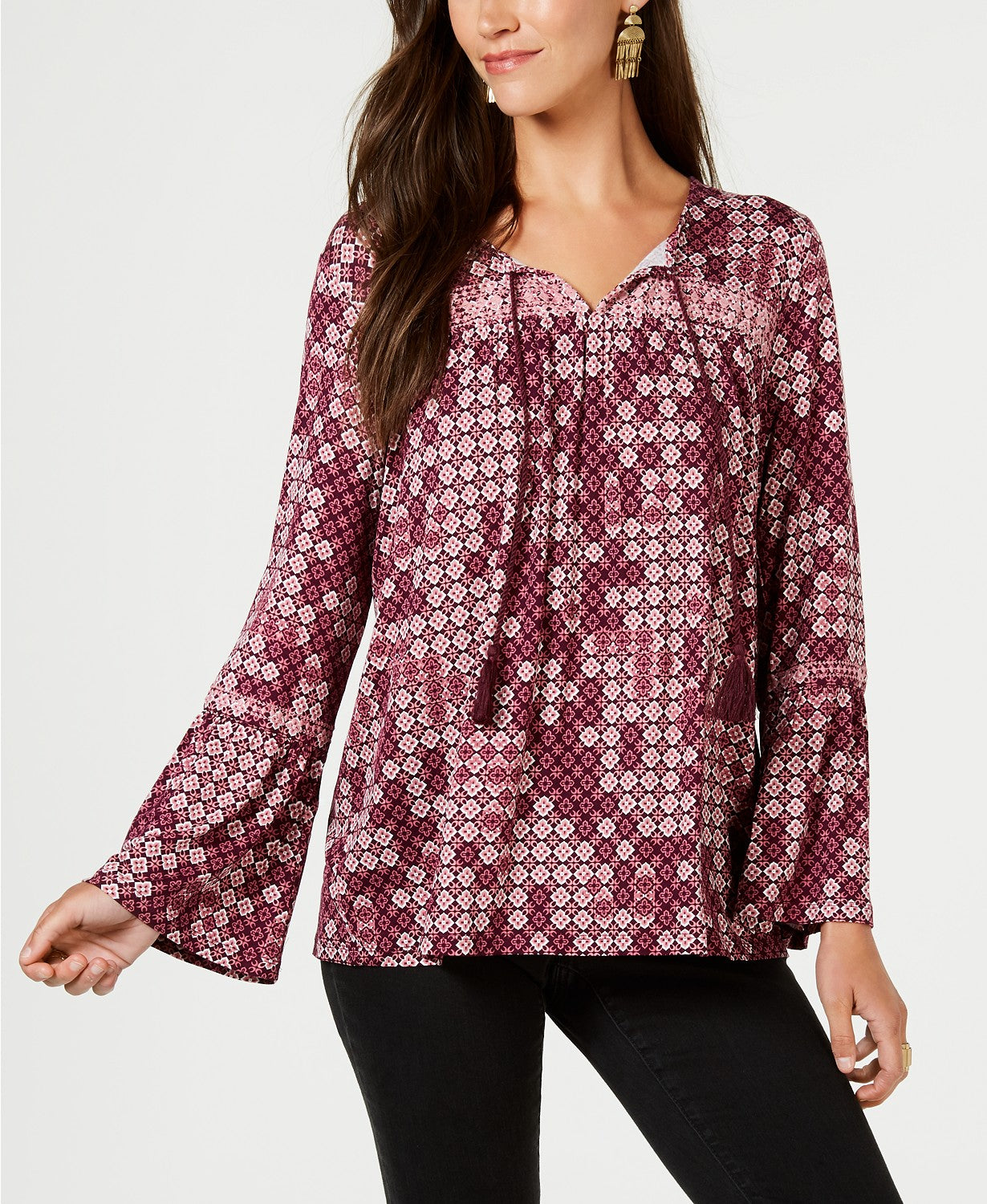 Style & Co. Petite Printed Peasant Top (Tiled Embrace, P/XL)