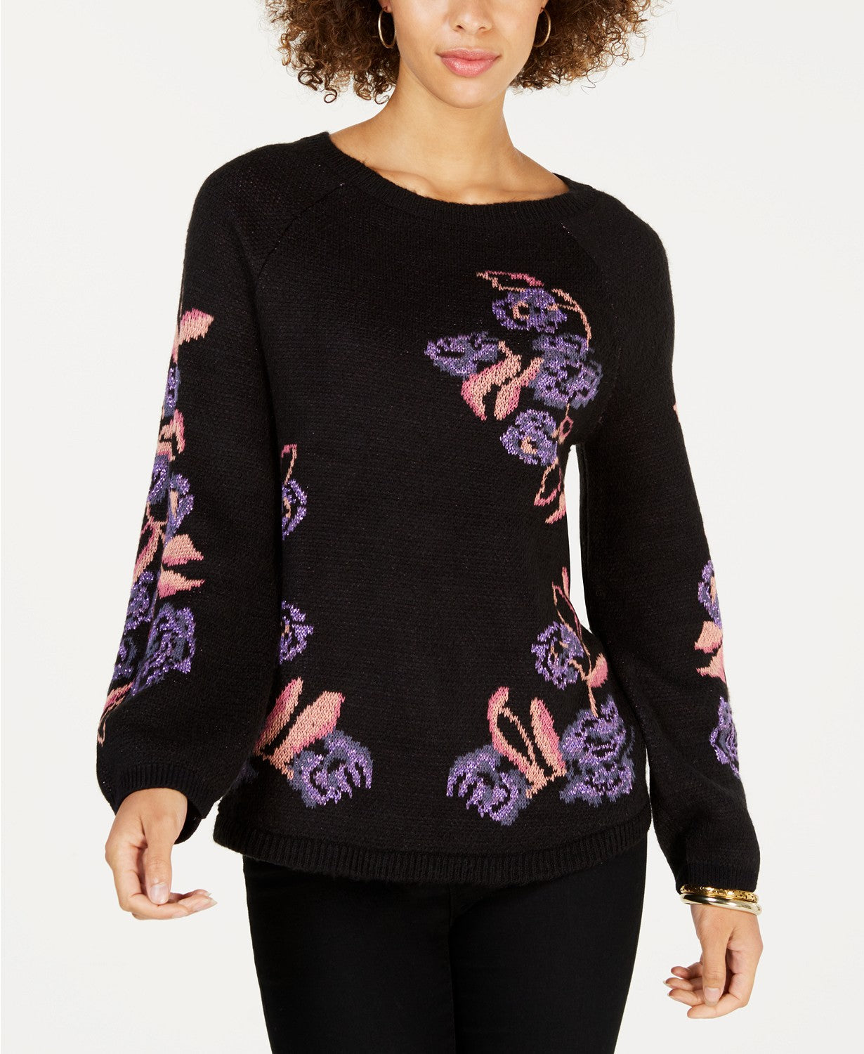 Style & Co Sweater Shine Floral Pullover Black PM