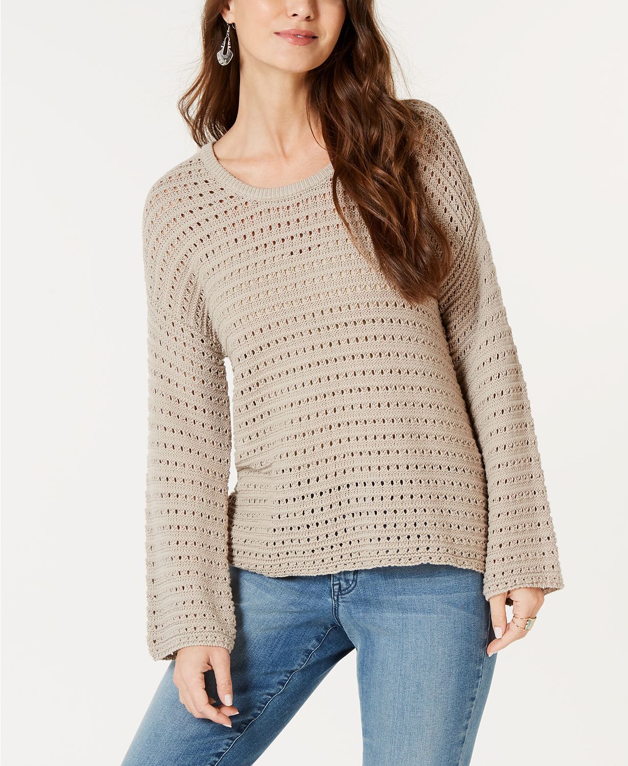Style & Co Cotton Pointelle Sweater Tan/Beige L