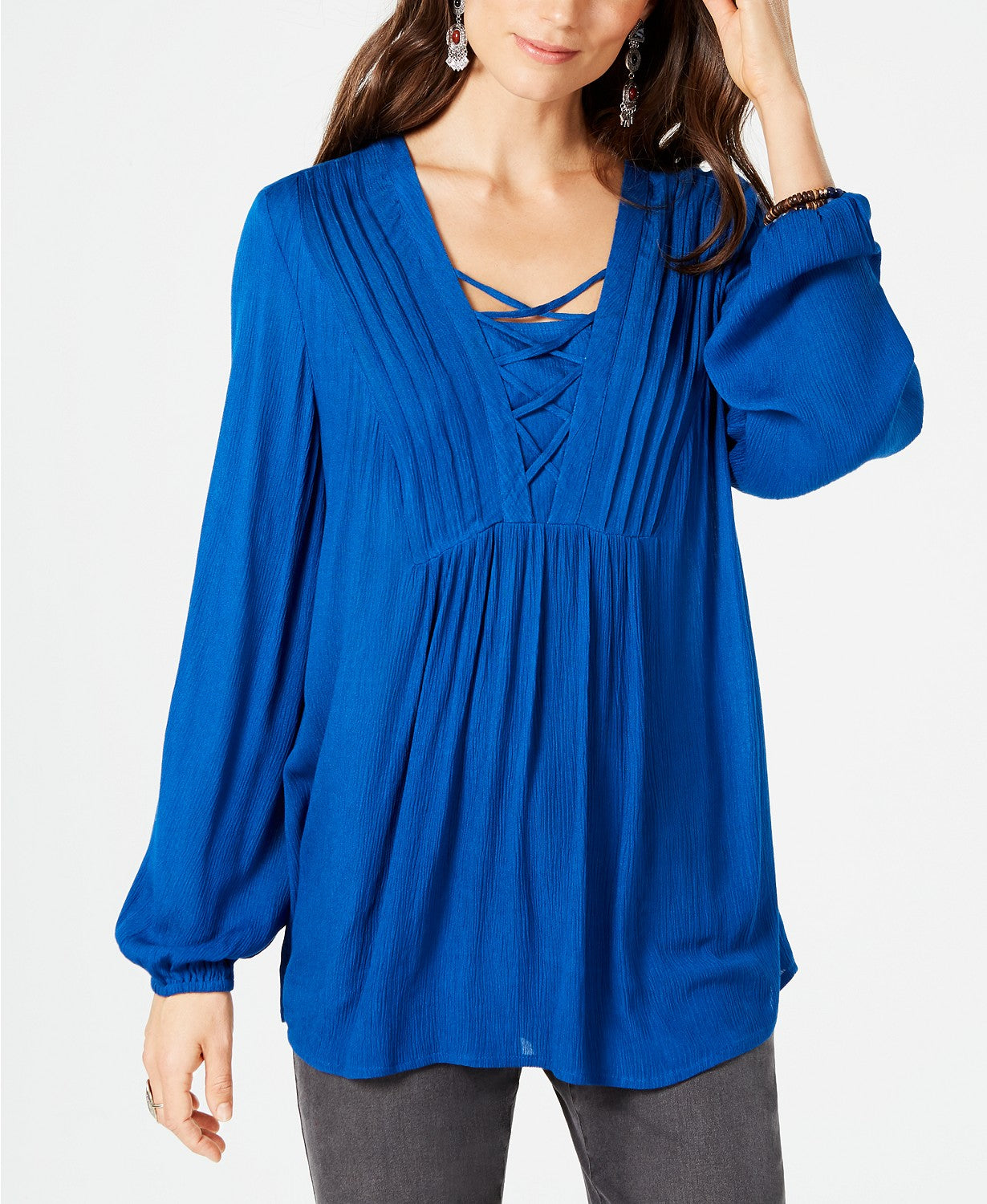 Style & Co Solid Laced Up Vneck Top Navy S