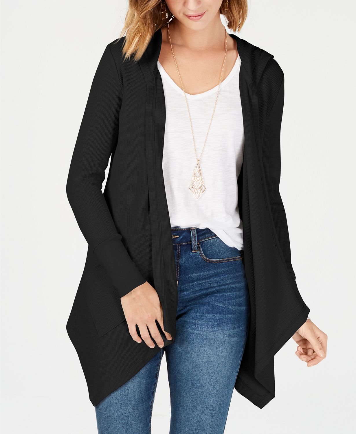 Style & Co. Petite Long-Sleeve Drape Front Cozy Cardigan (Deep Black, P/S)