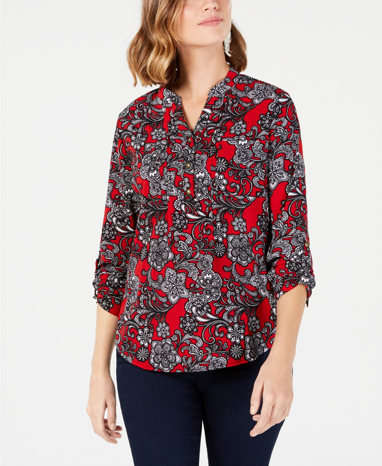 NY COLLECTION Allover Printed Top Dark Red PS