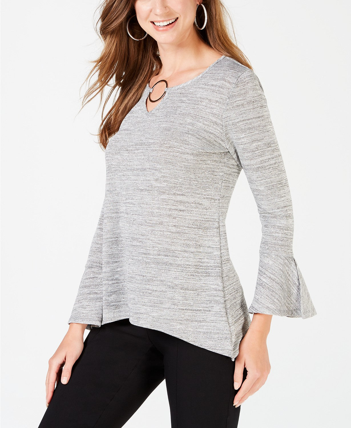 NY Collection Lurex Button Sleeve Knit Silver PM