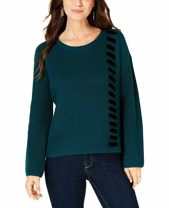 Style & Co Sweater Velvet Laceup Pullover Green Large
