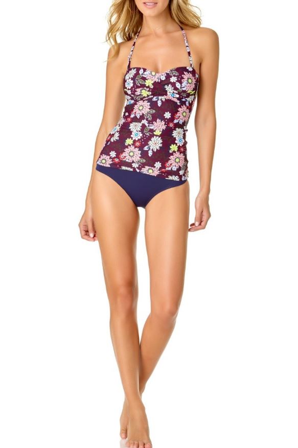 Anne Cole In Full Bloom Twist Front Shirred Bandeau Tankini Top, M