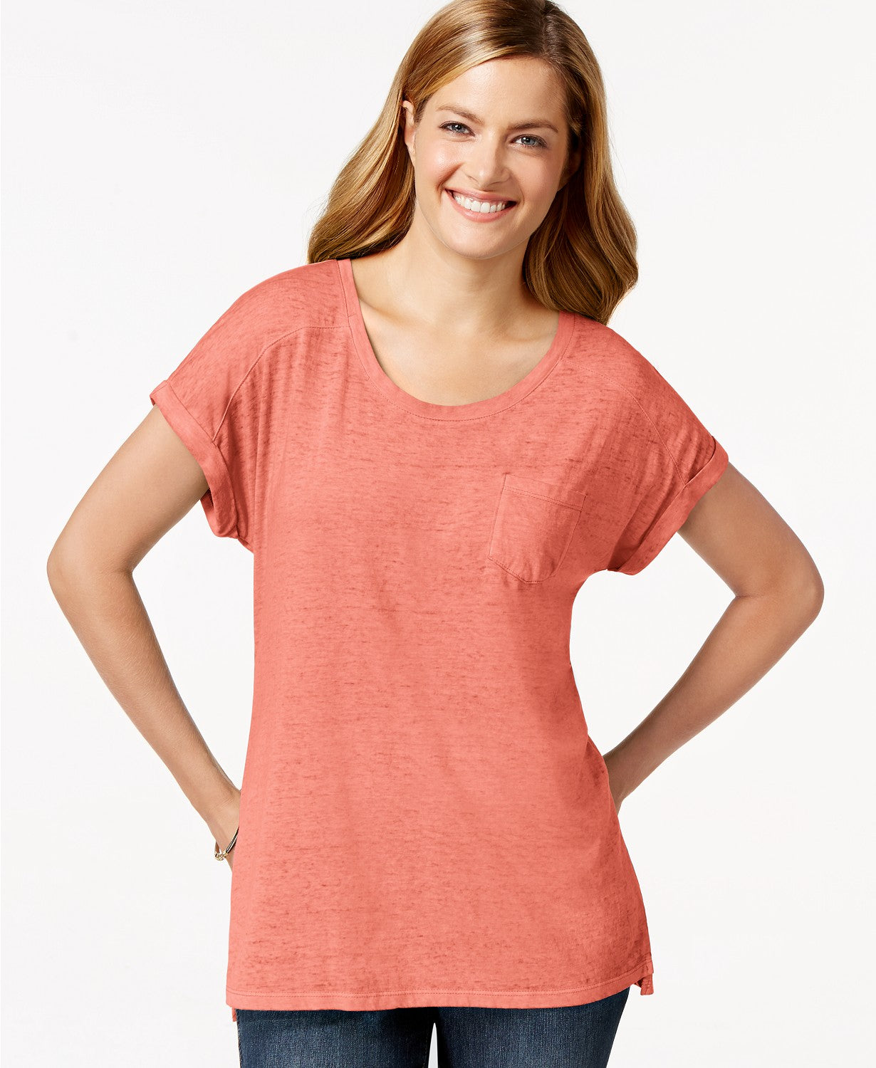 Style Co Petite One-Pocket Burnout Tee Peach Zing PL