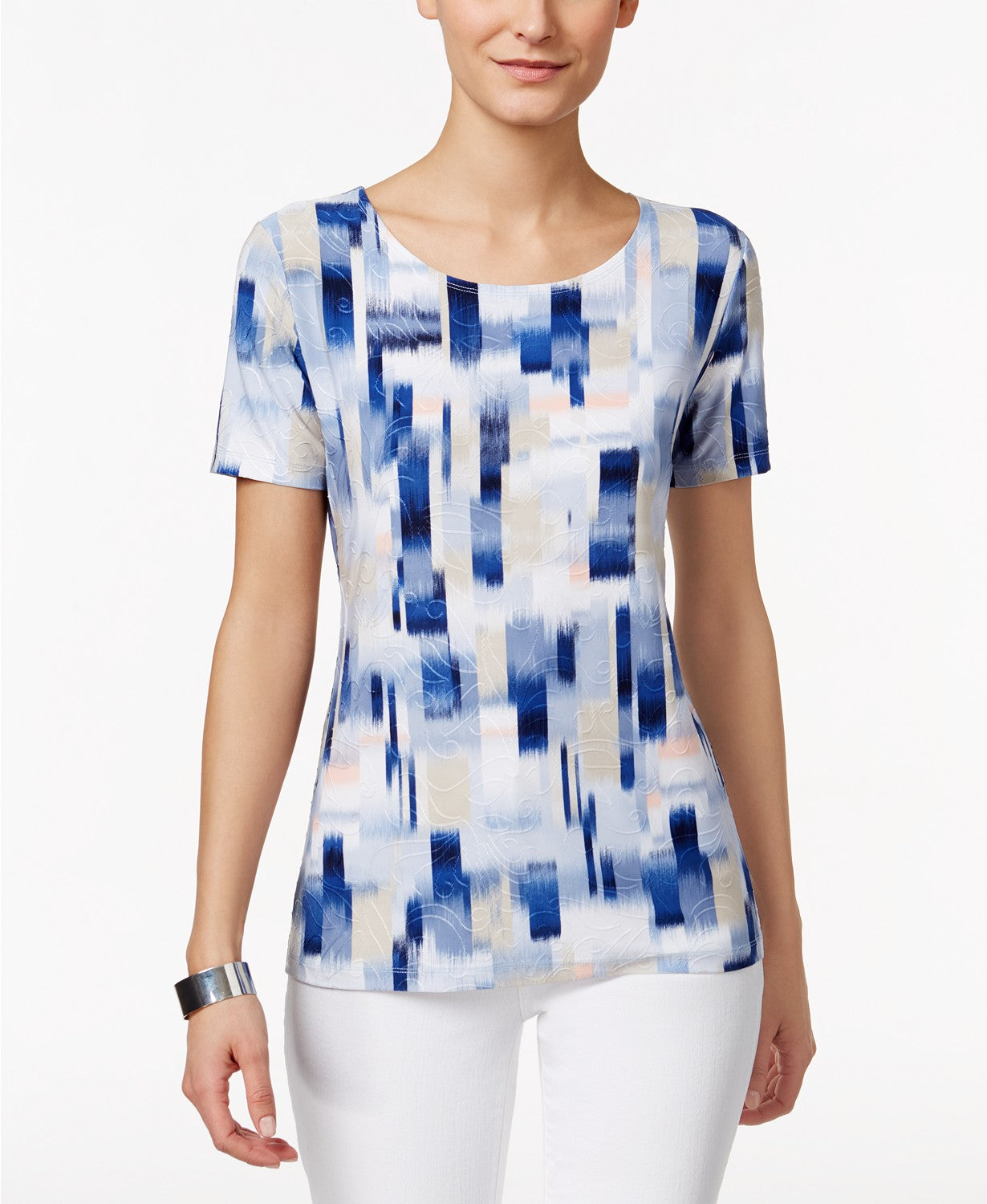 JM Collection Petite Short-Sleeve Printed To Washed Rain PS