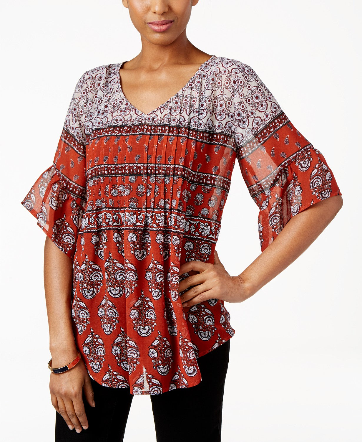 Style Co Petite Printed Pintucked Peasa Sienna Medley PS