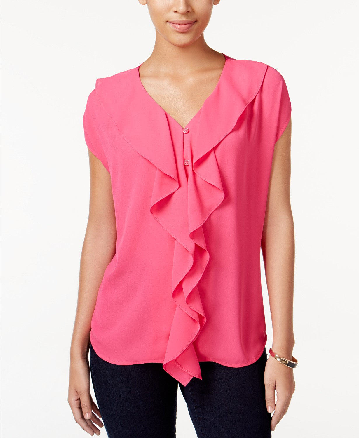 INC International Concepts Petite Ruffle-Front Top Intense Pink PM