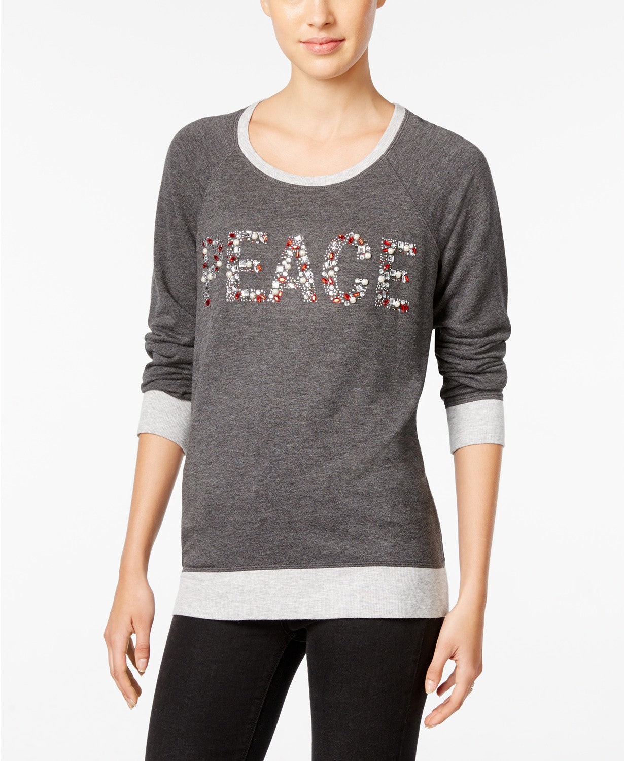 Style Co Petite Embellished Peace Top Grey Heather PM