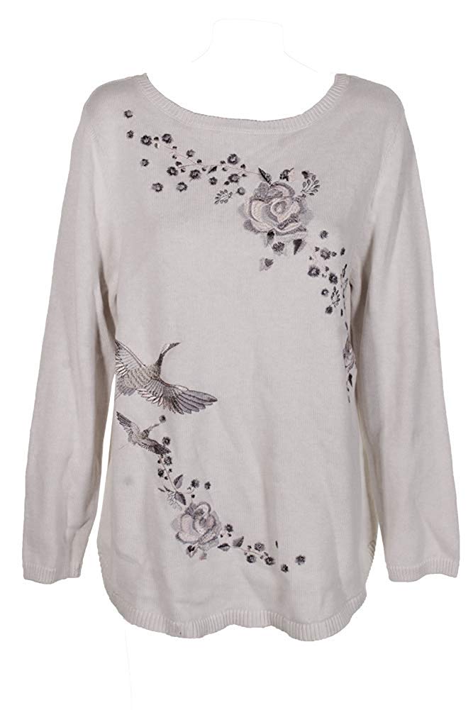 Style & Co Floral Embroidered Cotton Long Sleeve Boat Neck Sweater 2XL