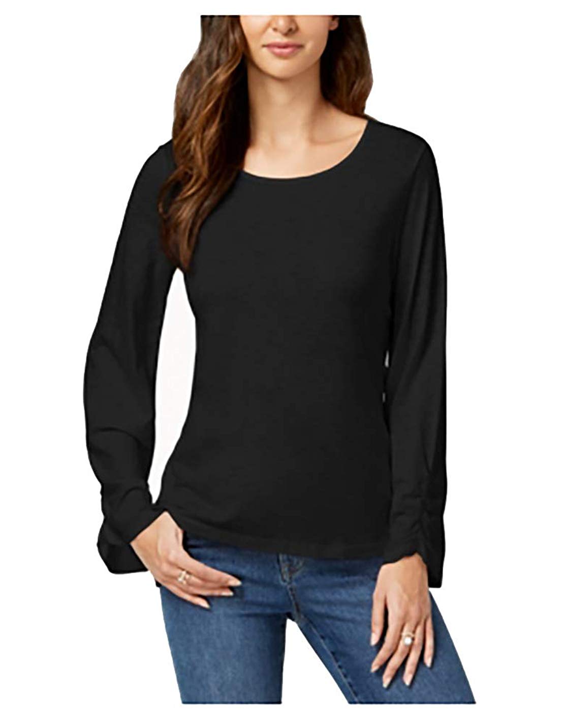 Style Co Ruched-Sleeve Top Deep Black L