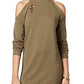 Planet Gold Juniors' Ripped Raw-Edge Cold-Shoulder Sweatshirt Dress (Olive, S)