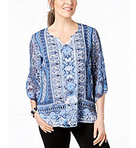 JM Collection Womens Petite Printed Studded Top Beach Blue Strong Size PM