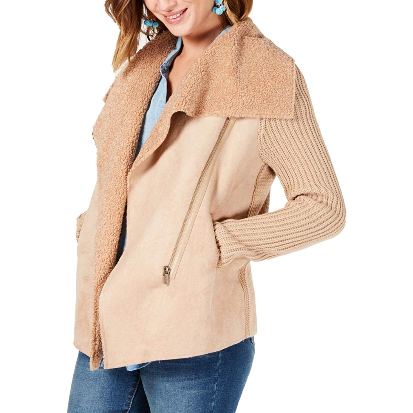 Style & Co Petite Faux-Shearling Knit-Sleeve Jacket (Camel, P/L)