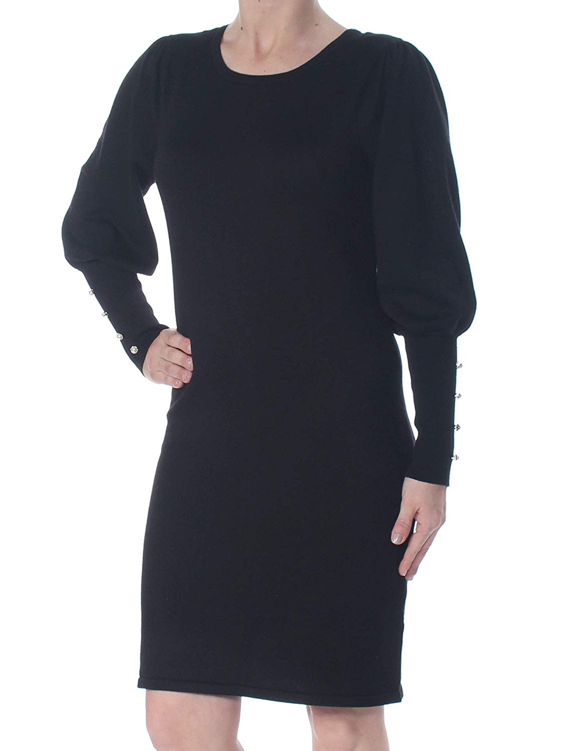 NY Collection Women's Petite Bishop-Sleeve Button-Cuff Dress (Black, P/Large)