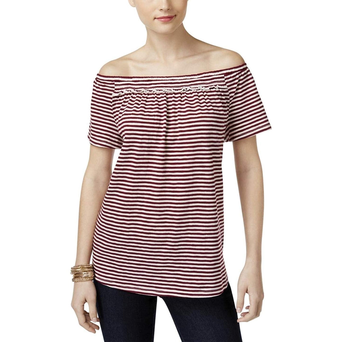 Style Co Striped Off-The-Shoulder Top Orchid Vine XL