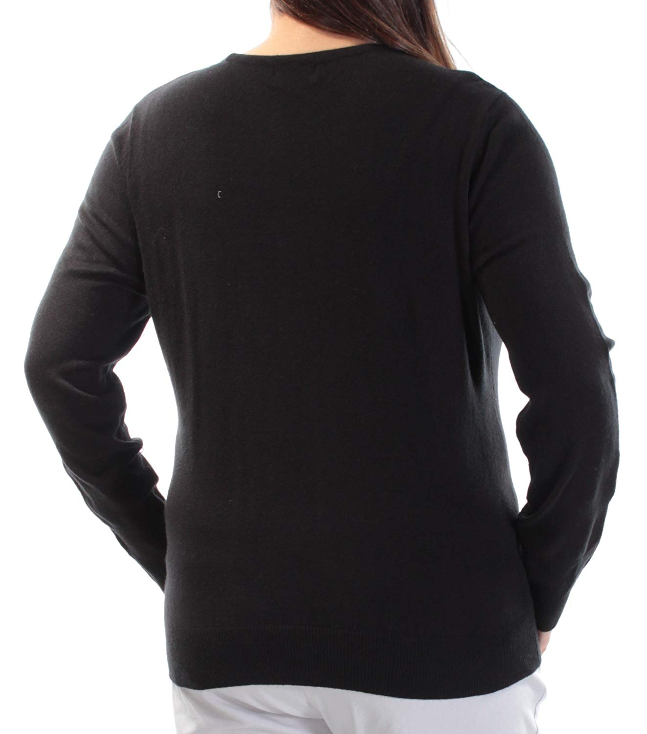 JM Collection Womens Petites Button-Cuff Knit Pullover Sweater Black PXL
