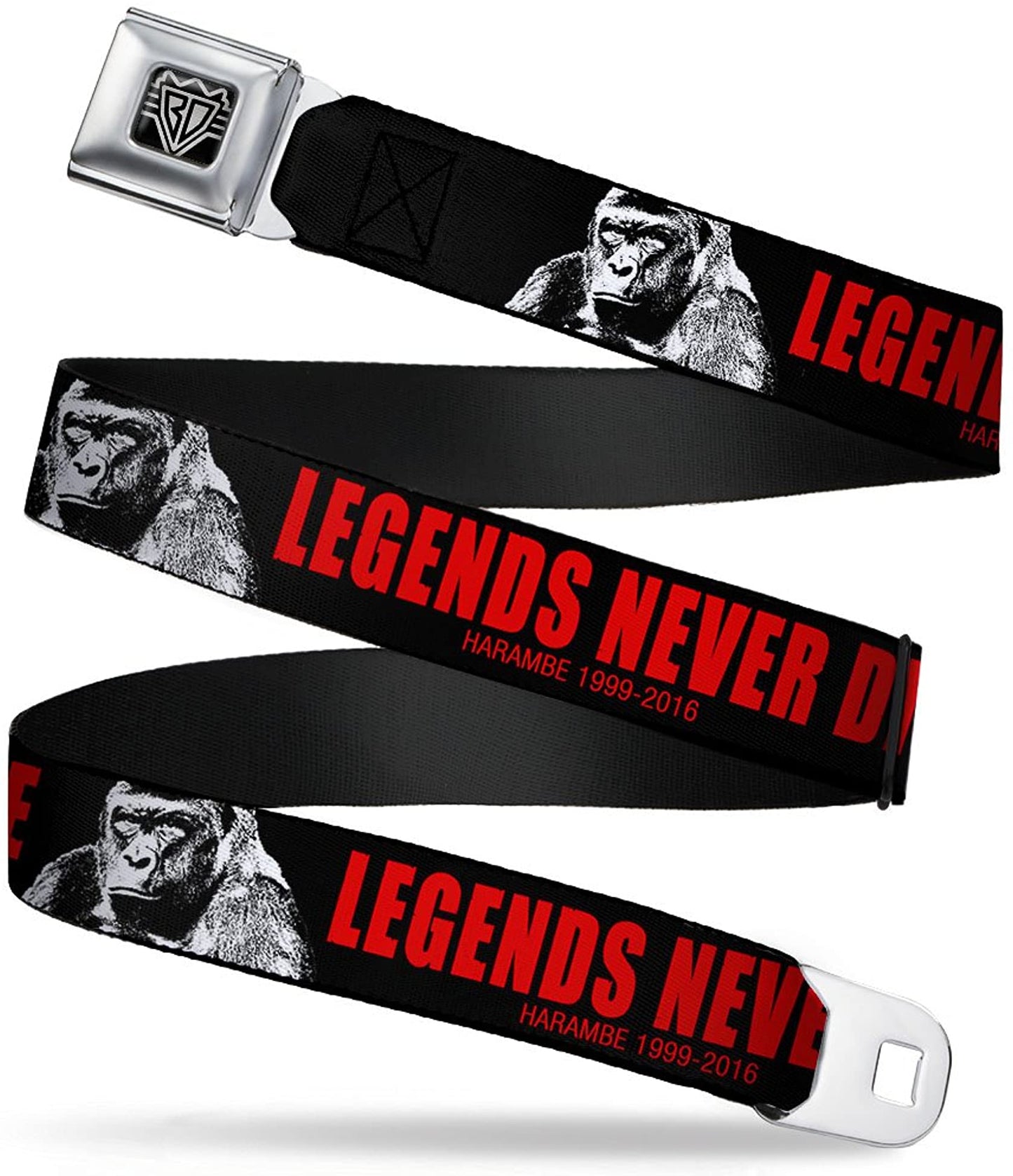 Buckle-Down Unisex-Adult's Seatbelt Belt XL, Heroes Never die/Harambe/Black/Grays/red, 1.5" Wide-32-52 Inches