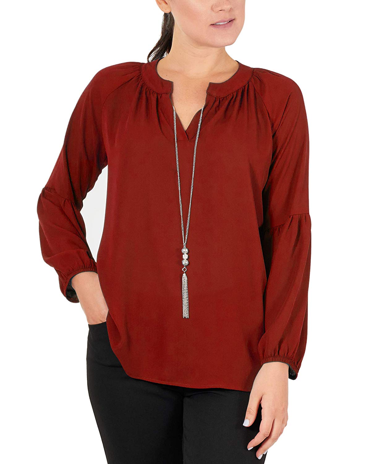 Women's Petite Balloon Sleeve Necklace Top Red PM