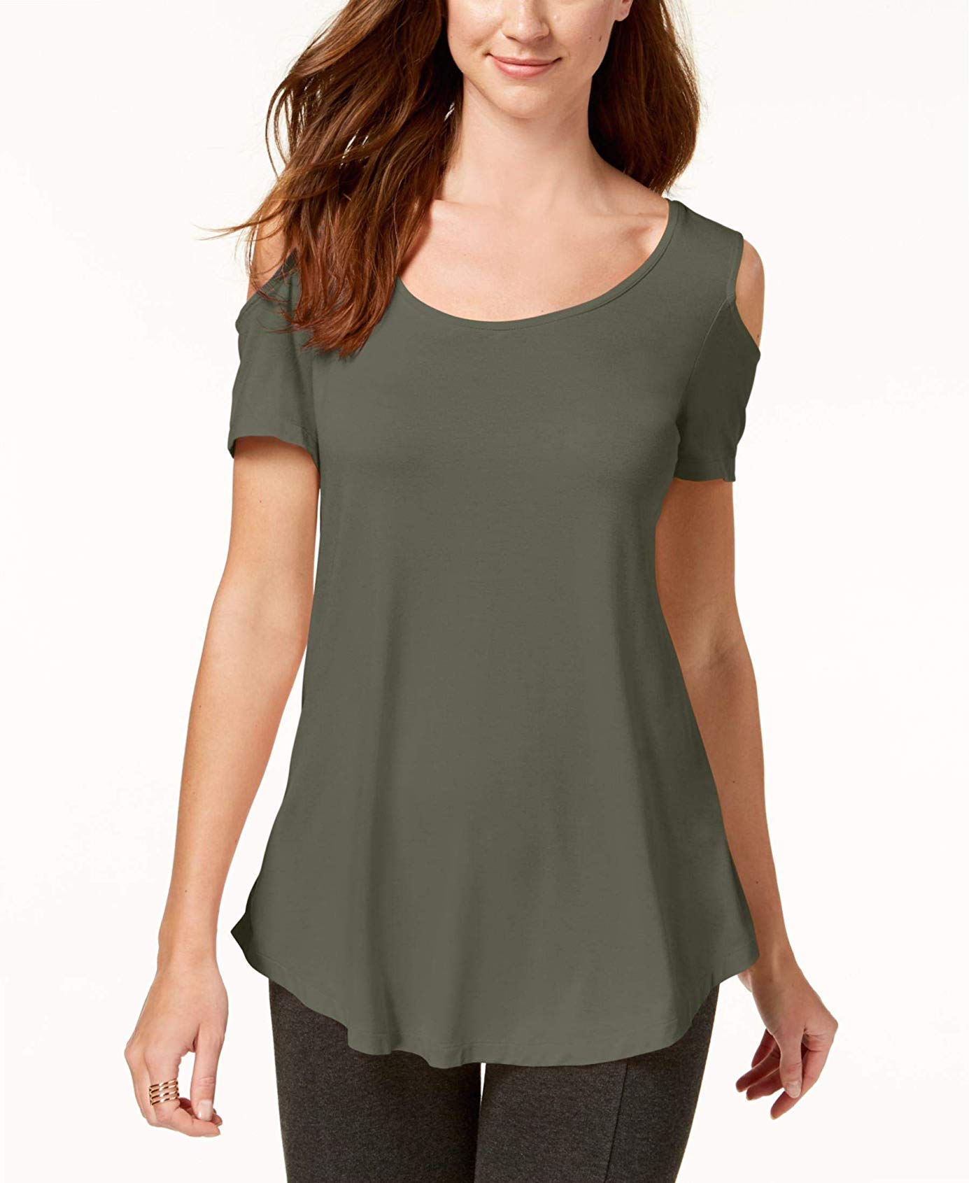 JM COLLECTION Cold Shoulder Rayon/Span Tee Med Green PM