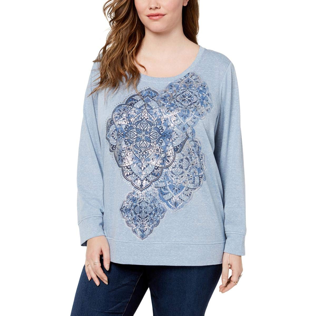Style & Co. Womens Plus Metallic Printed Pullover Sweater Blue 1X