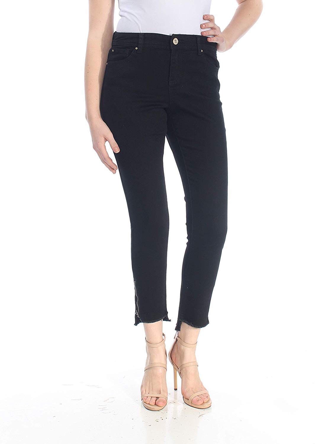 INC International Concepts Color blocked Step-Hem Skinny Jeans Deep Black 8