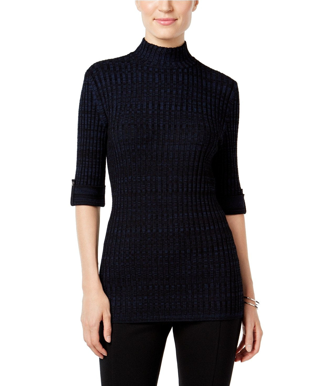Style Co Petite Marled Mock-Neck Sweate Industrial Blue PXS