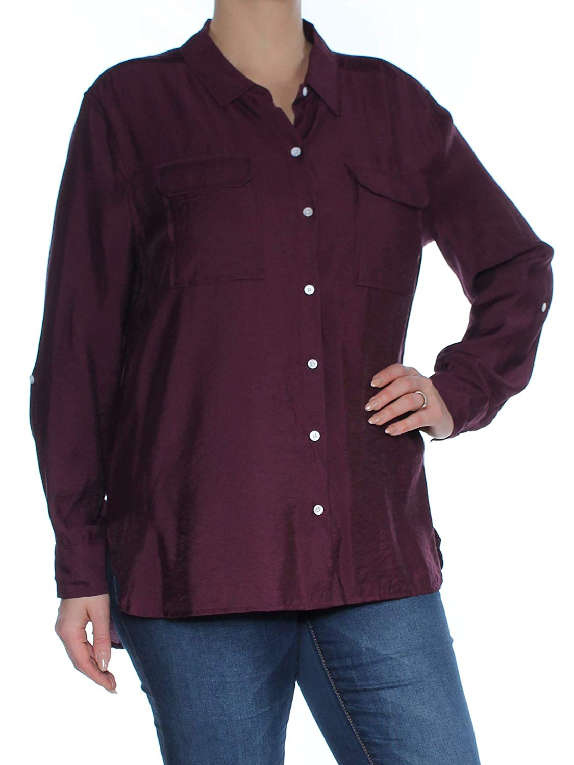 TWO Womens Maroon Collared Cuffed Button Up Top L
