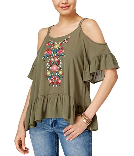 Almost Famous Juniors Embroidered Cold-Shou Olive XS
