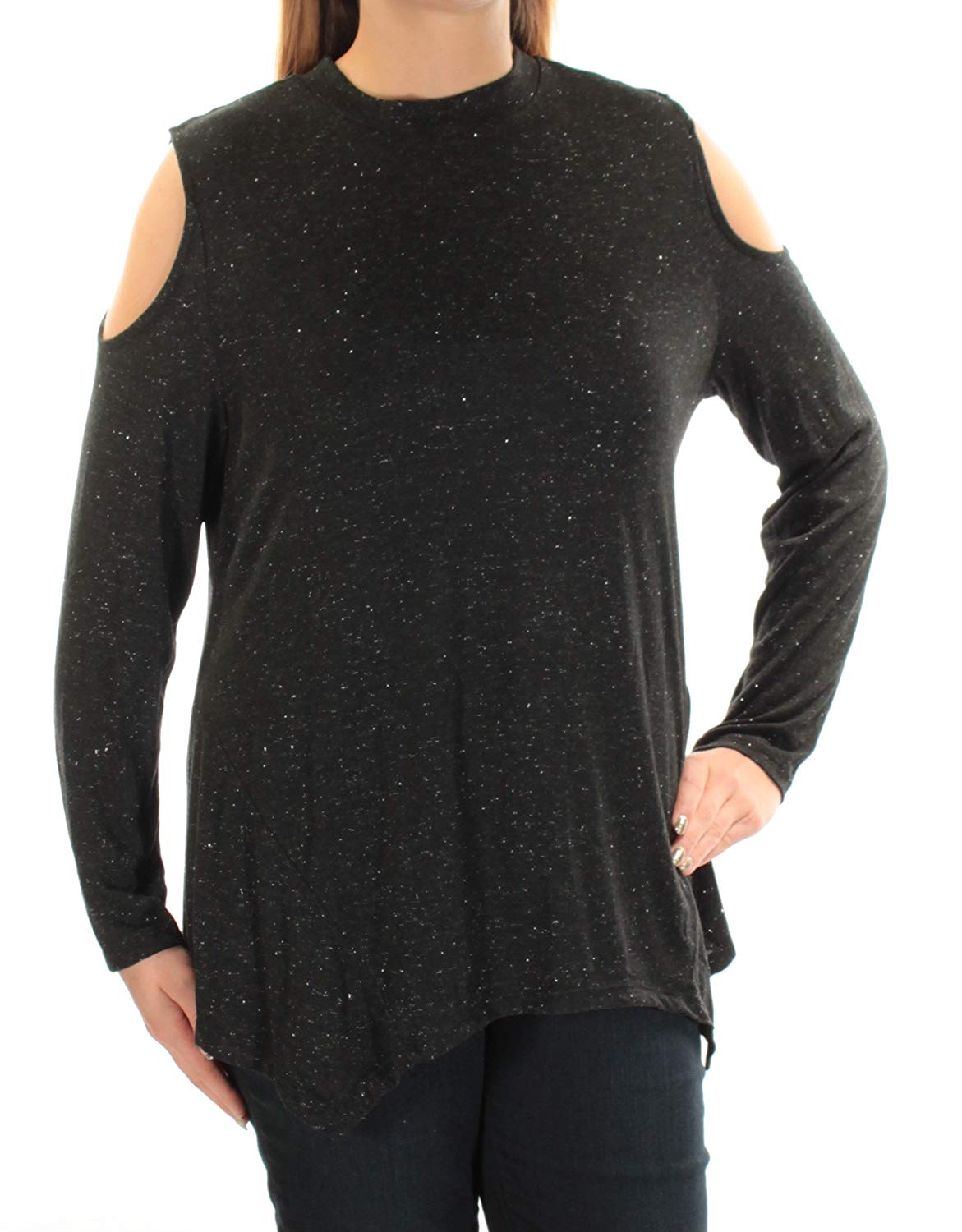Style & Co. Womens Jersey Asymmetrical Cold Shoulder Pullover Top (Black, Large)