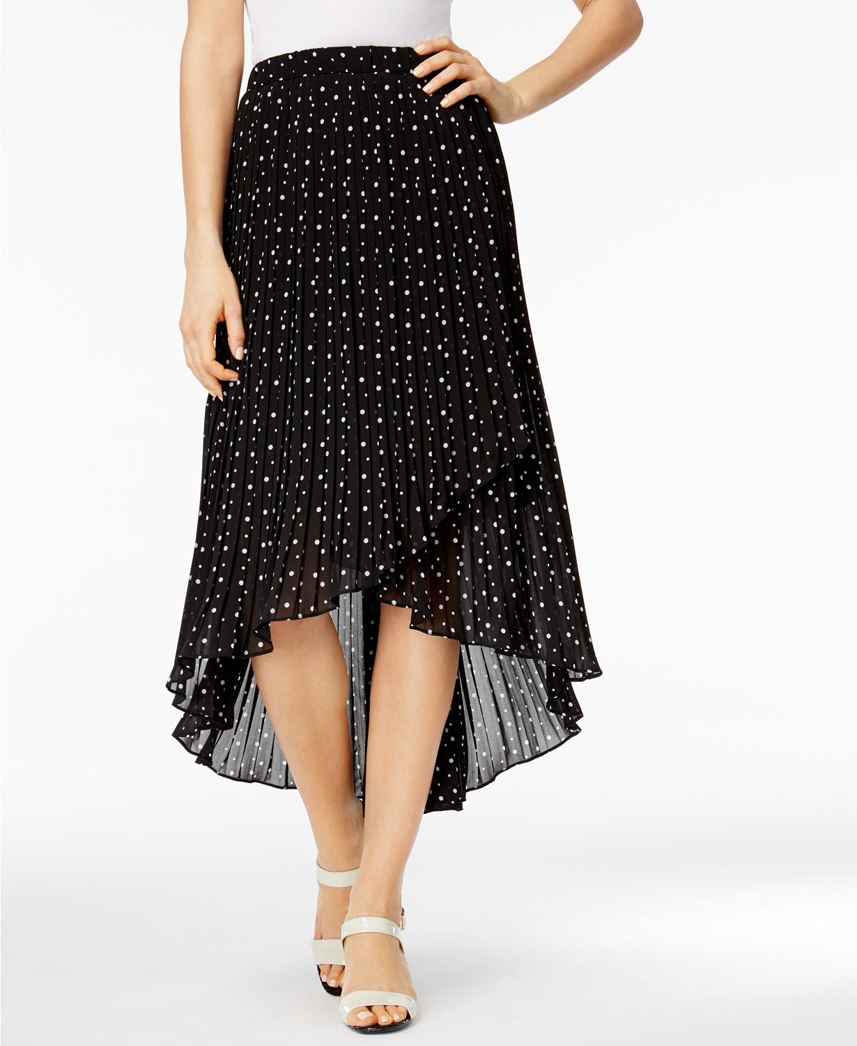 NY Collection Polka-Dot High-Low Midi Skirt BlackWhite Dot M