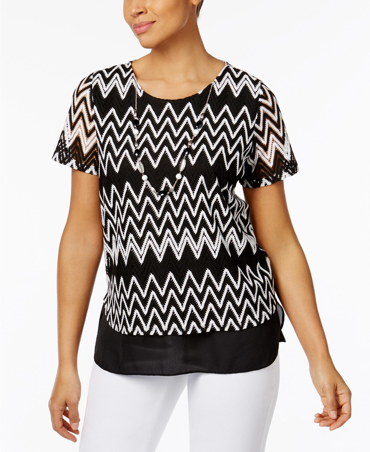 Alfred Dunner Petite Chevron Tiered Top with BlackWhite PS
