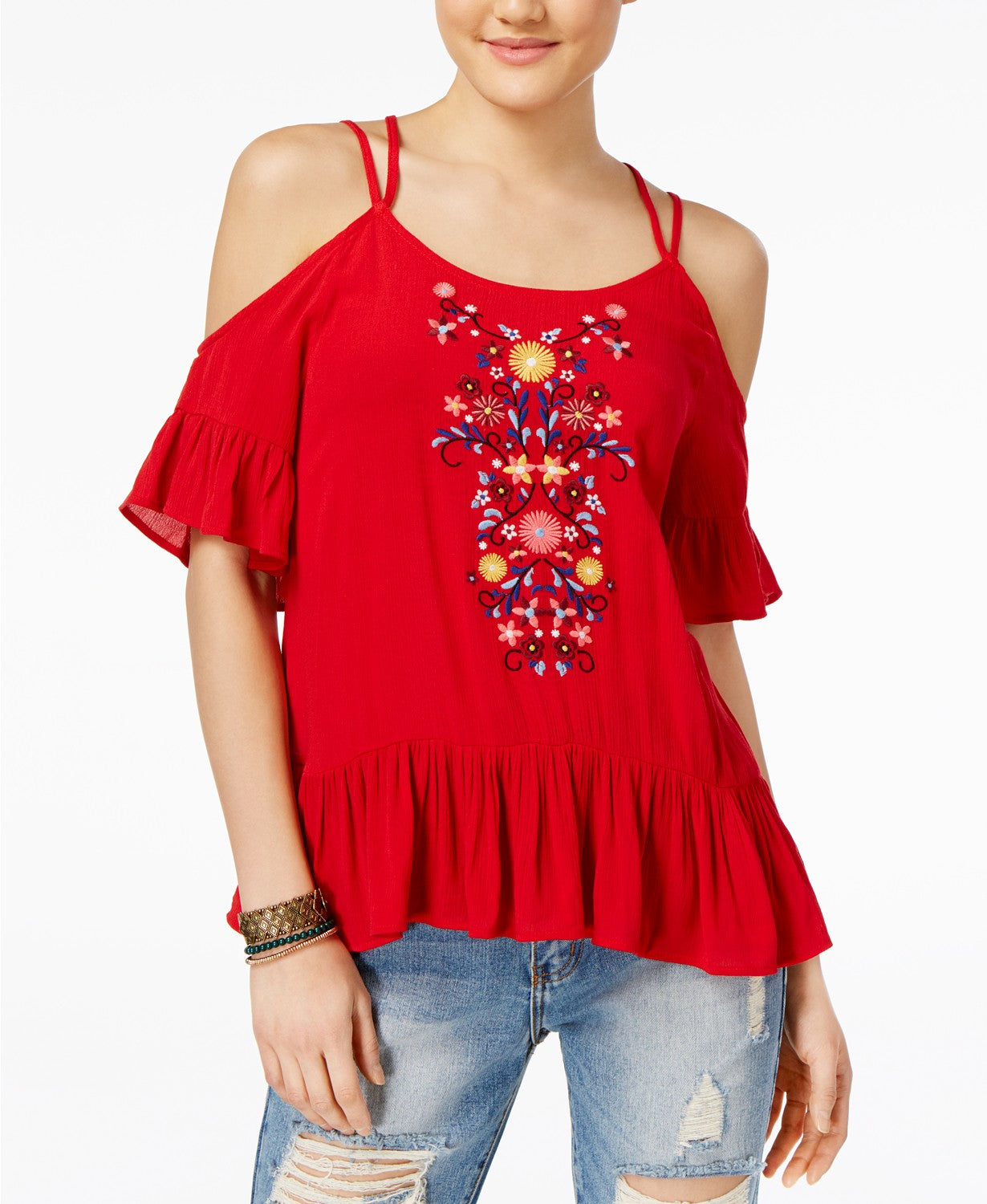 Almost Famous Juniors Embroidered Cold-Shou Bright Red XS