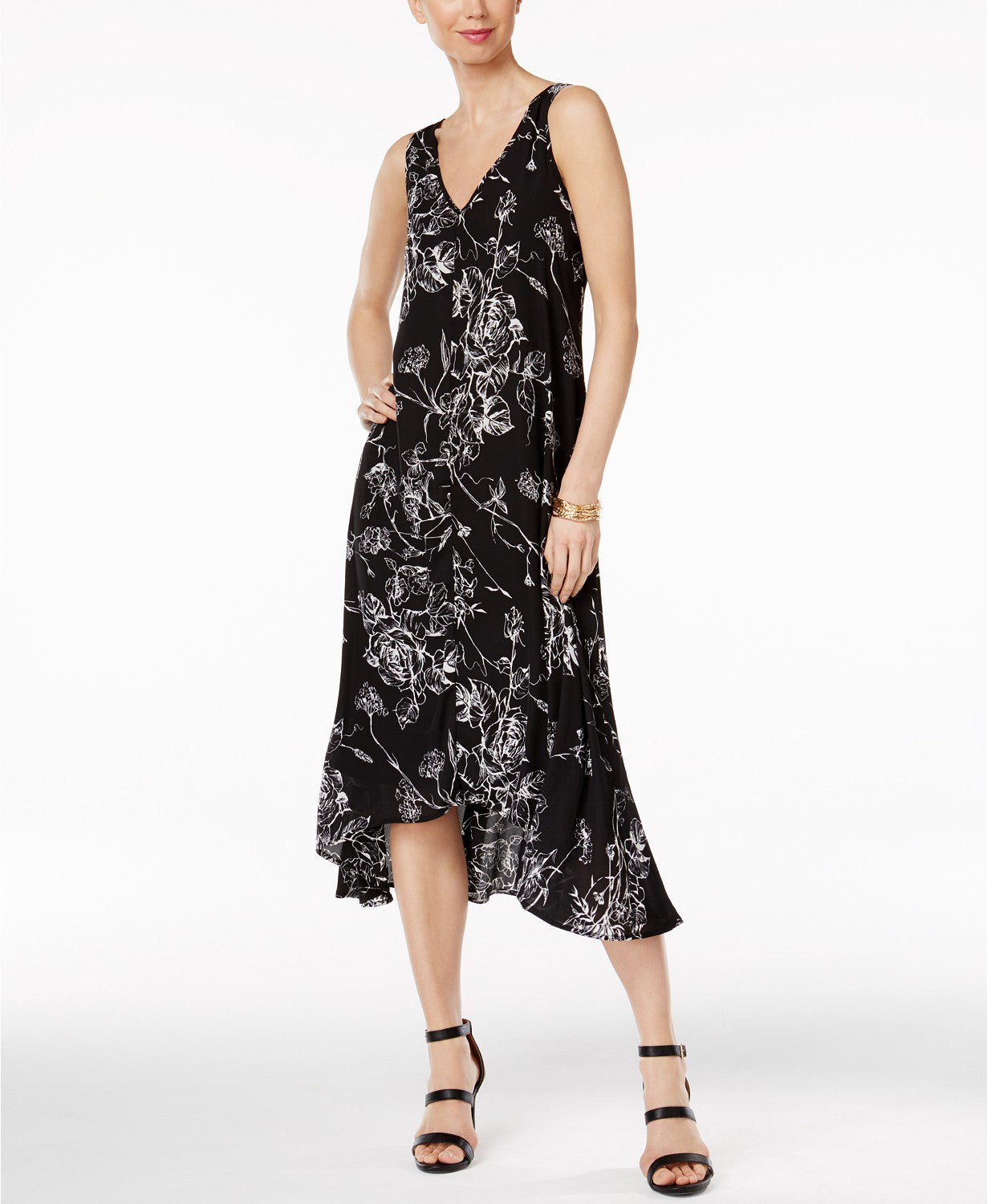 Olivia Grace Printed High-Low Midi Dress BlackWhite Etched Floral XS