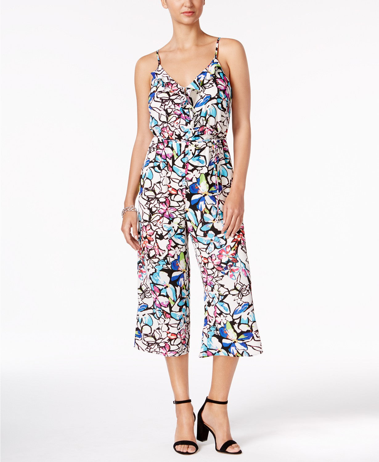 NY Collection Ruffled Culotte Jumpsuit Ivory Multi S
