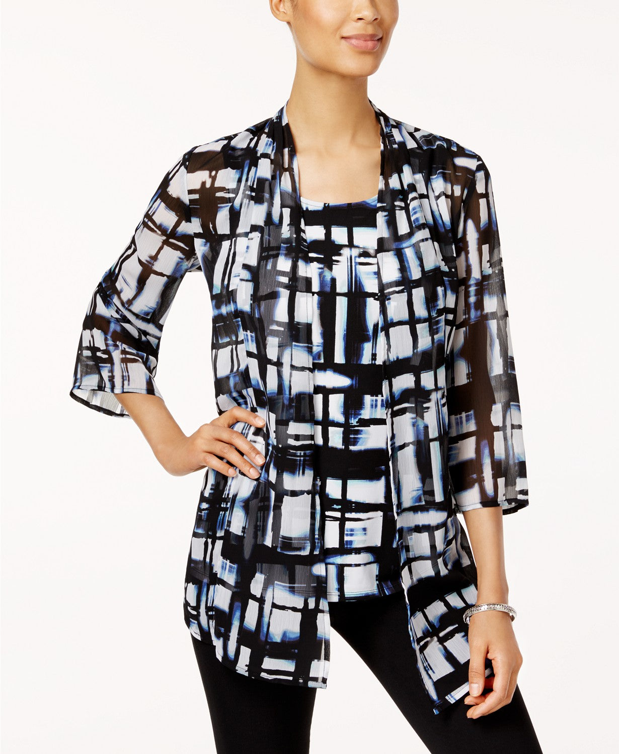 JM Collection Printed Layered-Look Top Painter Plaid S
