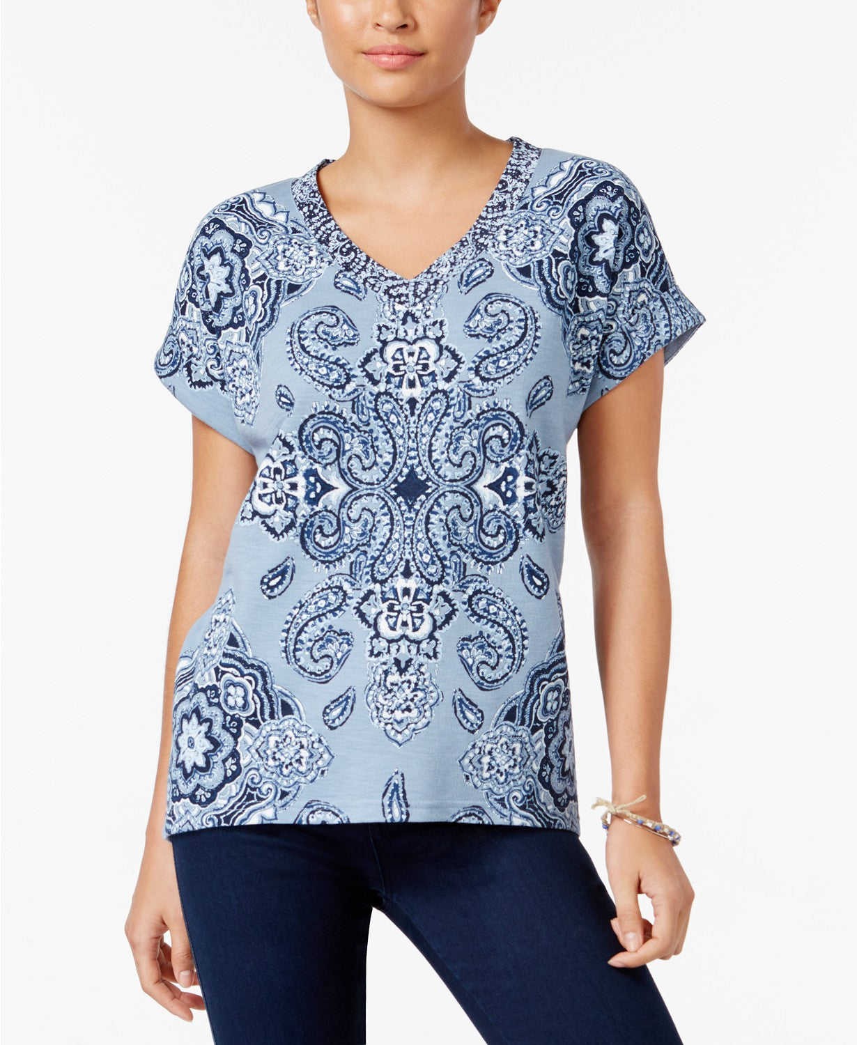 Style Co Printed Cuffed-Sleeve Top Tile Vision Fog M