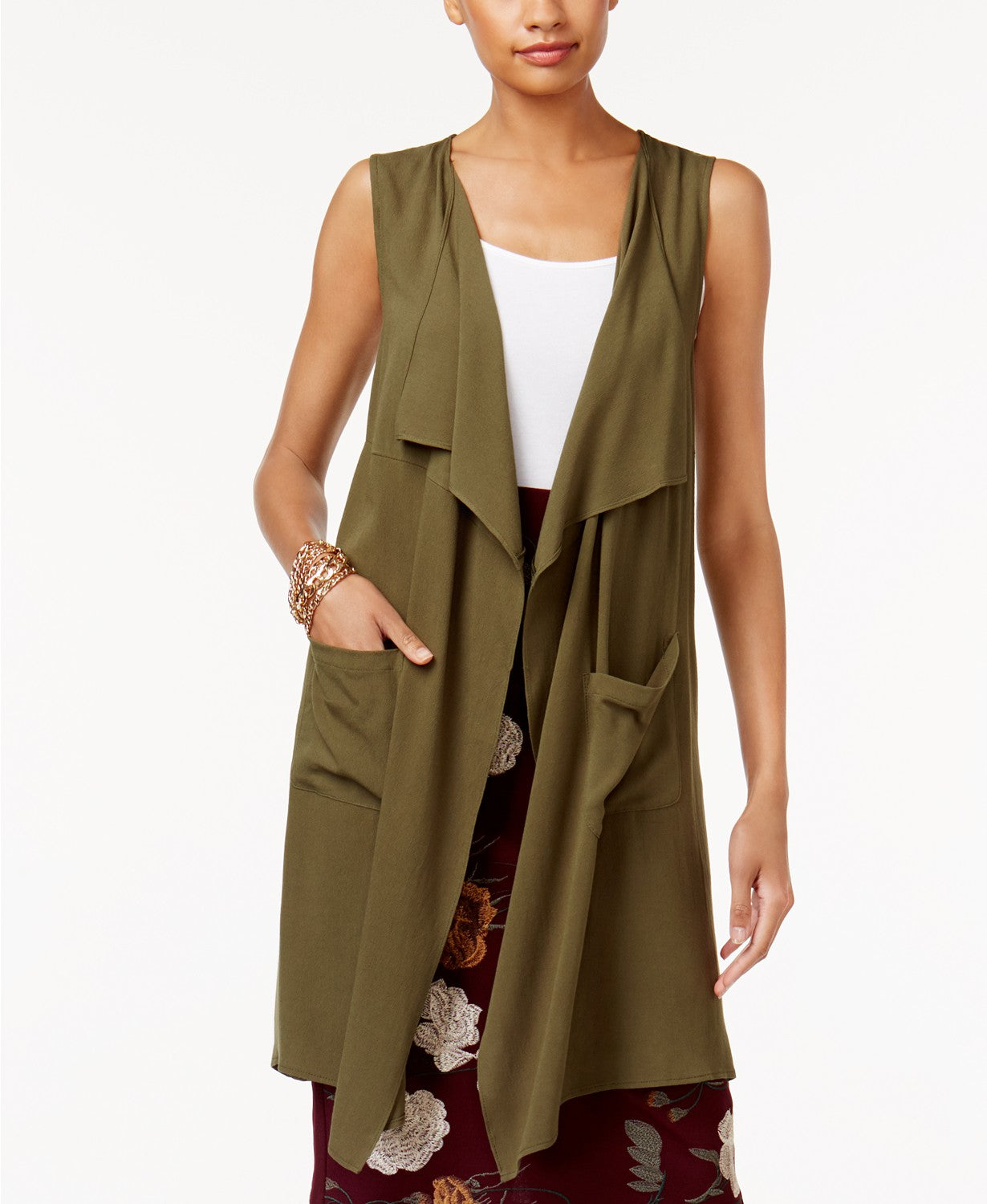 NY Collection Draped Open-Front Vest Winter Moss S
