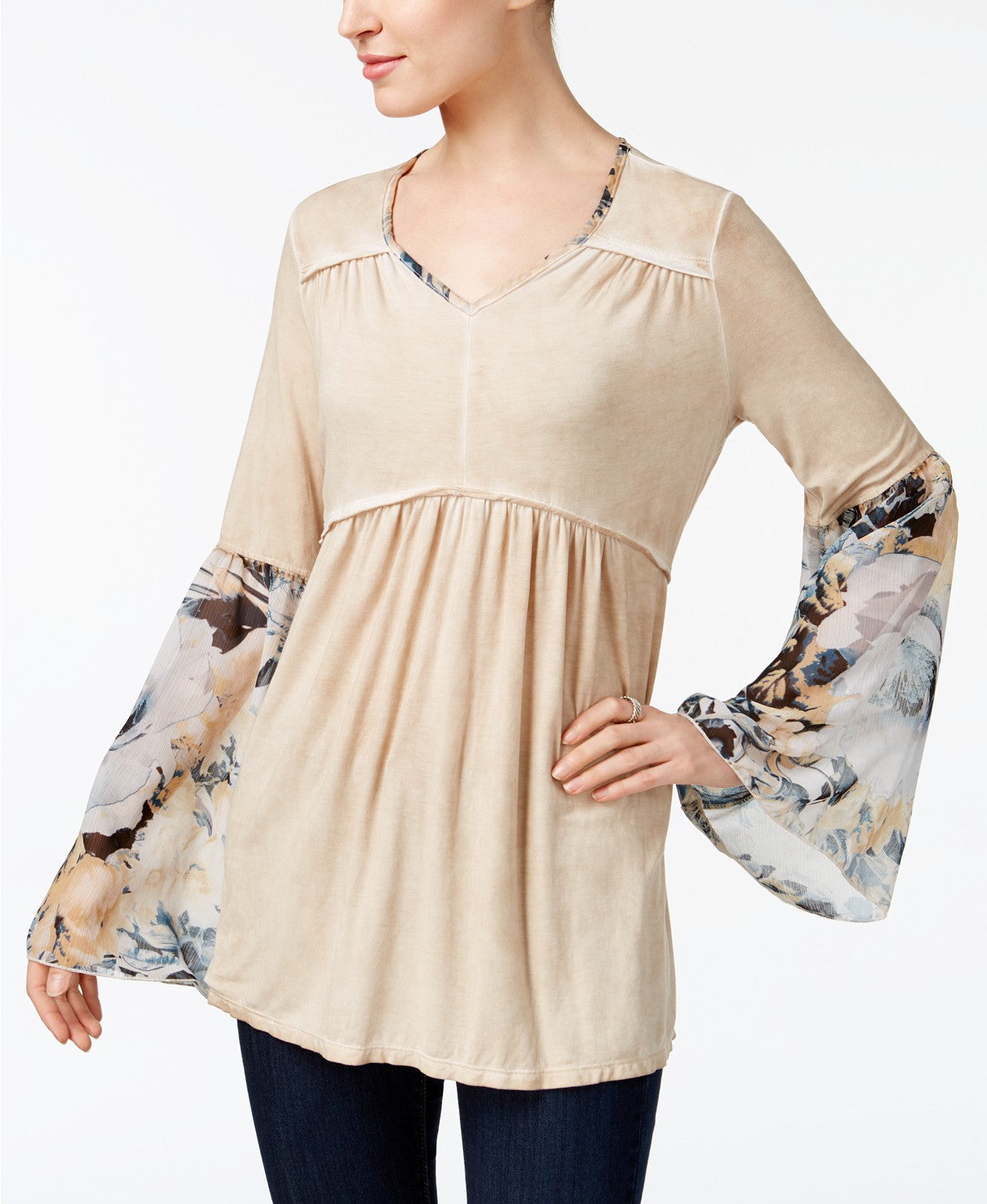 Style Co Printed-Sleeve Babydoll Top Garden Series S