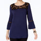 NY Collection Mesh-Yoke Bell-Sleeve Top Navy M